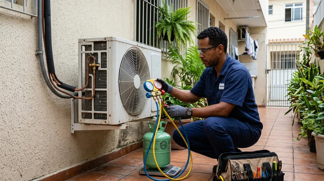 Técnico fazendo carga de gás na condensadora do ar-condicionado em Cotia‑SP