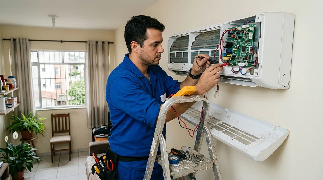Técnico trocando a placa eletrônica de ar-condicionado split em Cotia‑SP