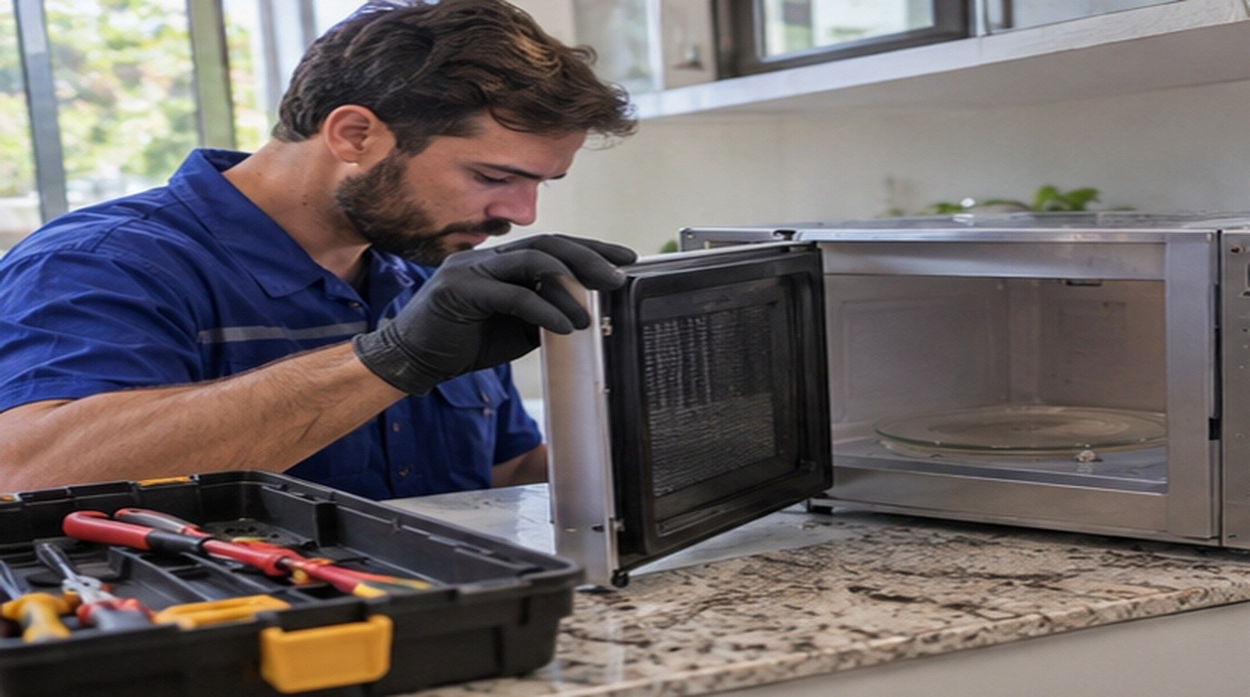Conserto de micro-ondas em Cotia‑SP: técnico abrindo um micro-ondas de bancada