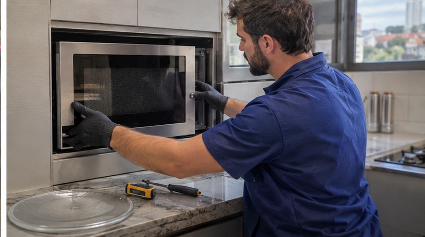 Conserto de micro-ondas de embutir em Cotia‑SP: técnico encaixando o aparelho no armário