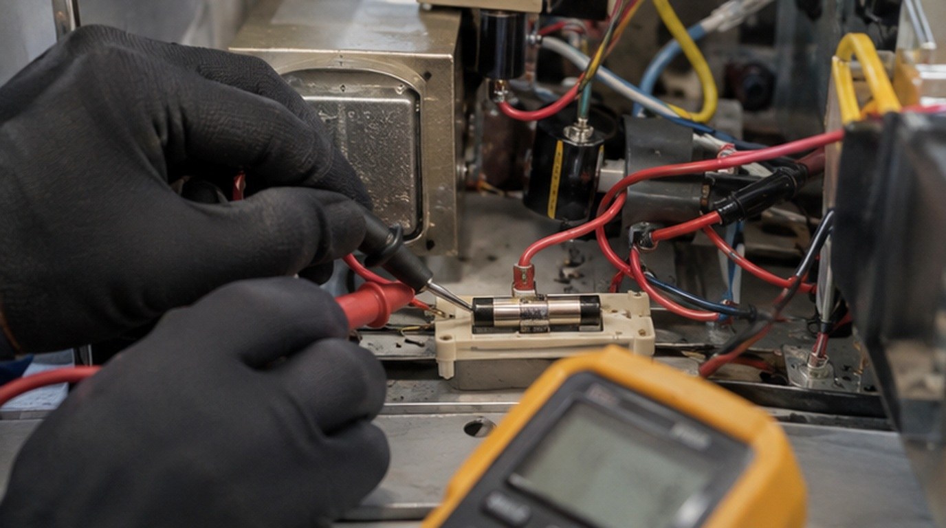 Conserto de micro-ondas em Cotia‑SP: teste do fusível e do diodo de alta tensão