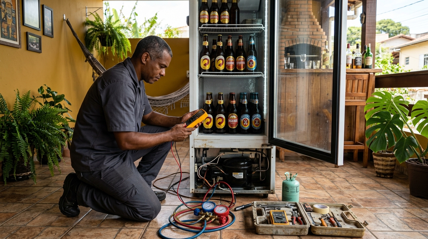 Placa eletrônica de cervejeira em reparo na bancada em Cotia‑SP