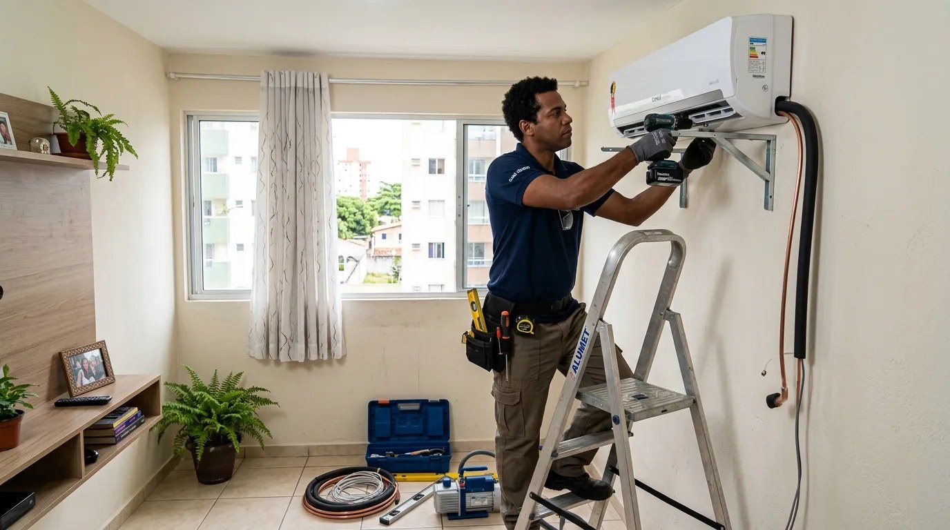Técnico instalando ar-condicionado split em residência em Cotia‑SP