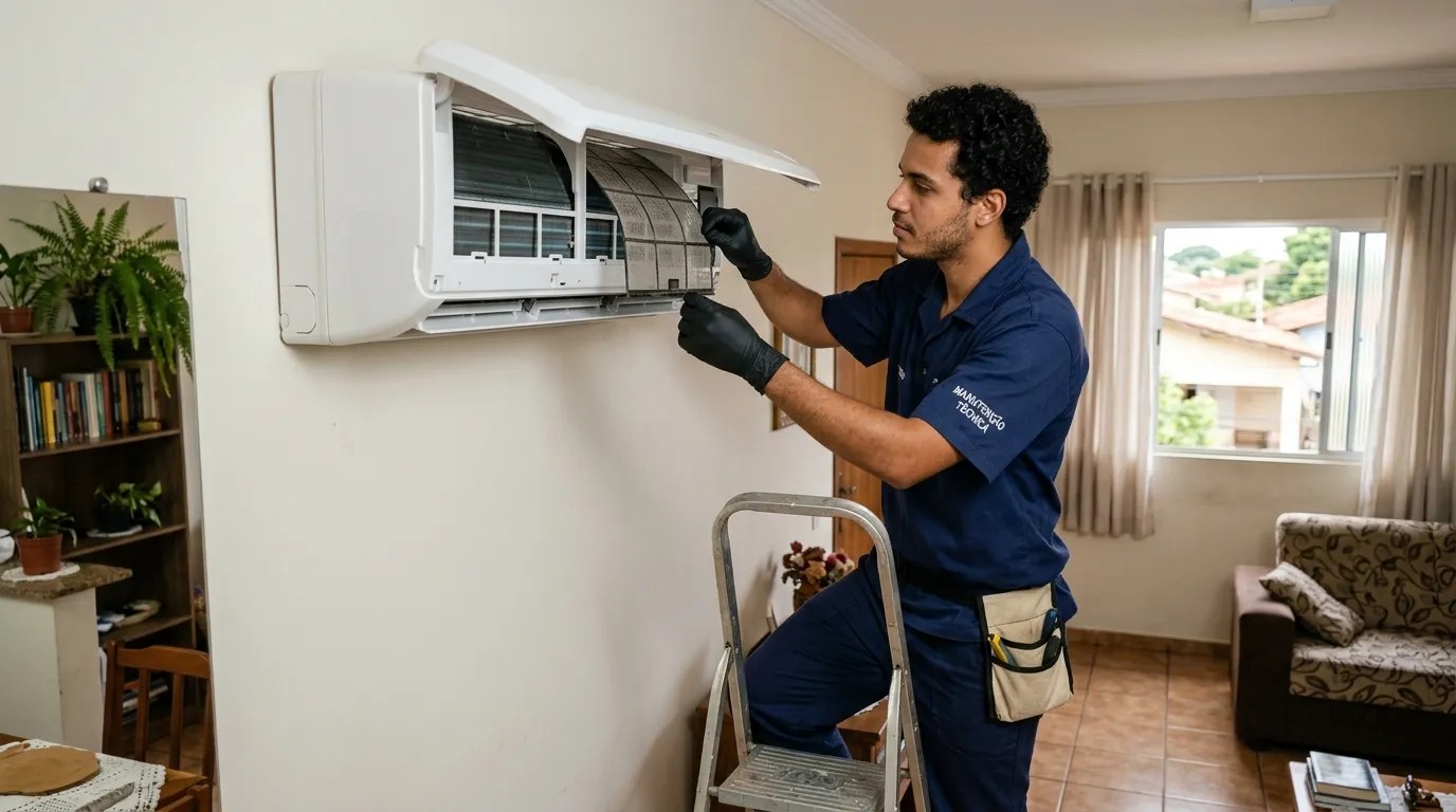 Técnico fazendo limpeza e higienização de ar-condicionado split em Cotia‑SP