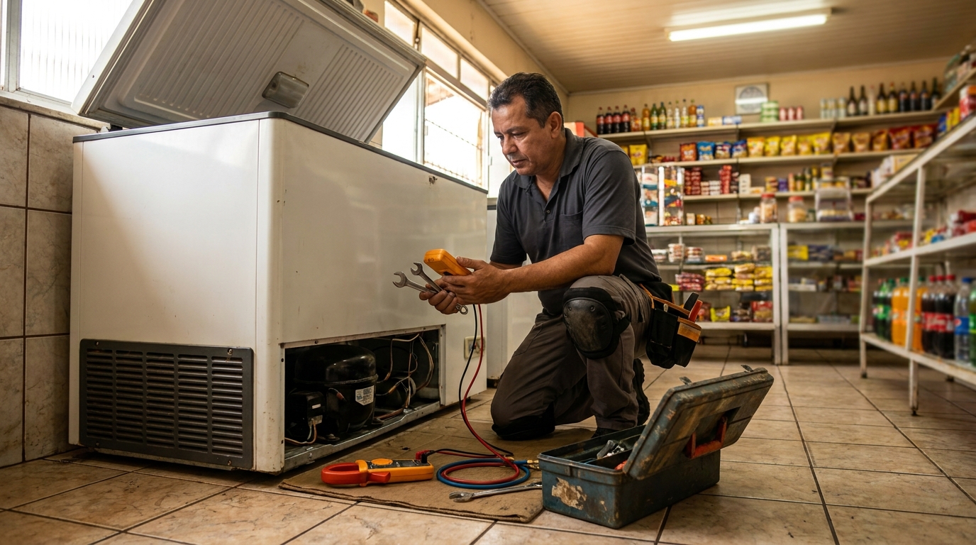 Técnico avaliando um freezer vertical durante atendimento em Cotia‑SP