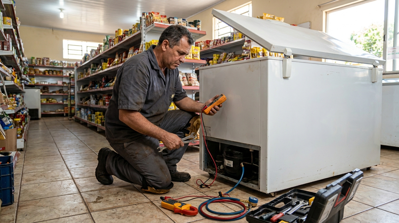 Substituição do termostato de um freezer durante visita técnica em Cotia‑SP